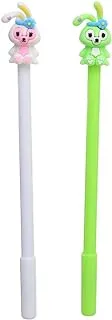 A-072 Gel Ink Pen with Colorful Cute Rabbit Topper Blue Ink Pack of 2 Pieces for Kids and Students - White Green