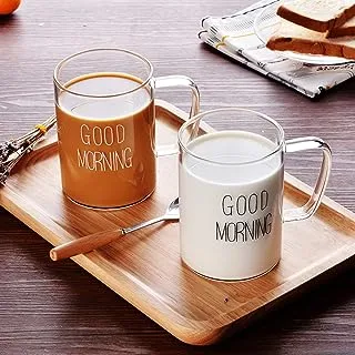 SIPERLARI 500ML Clear Glass Cups, Good Morning Glass Coffee Tea Mugs, Simple Coffee Cups with Handle,Best Birthday and Christmas Gift for Mom Dad Friends (White)