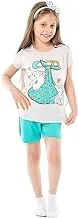 Jockey M M Cotton Set Of 2 Pieces Half Sleeves T-Shirt&Short Printed Horse For Girls-Light Grey&Turquoise-2Year