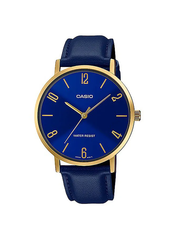 CASIO Men's Leather Analog Quartz Wrist Watch MTP-VT01GL-2B2UDF Blue/Gold - 40 mm - Blue