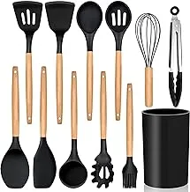 hanso Kitchen Utensils, Silicone Cooking Utensils with Holder, Non-stick Cookware Friendly & Heat Resistant, Includes Spatula Tong Whisk Ladle Brush Slotted Turner Spoon (Black)