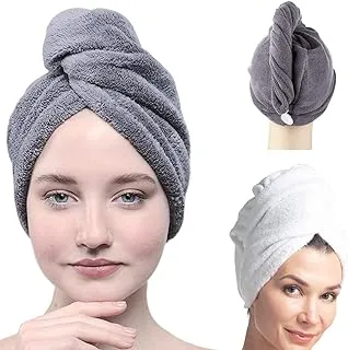 YEFAF 2 Pack Hair Towel Wrap, Microfiber Hair Towel Fast Drying Hair Towel Wrap with Button, Soft Super Absorbent Hair Drying Towels for Long & Curly Hair, Anti-Frizz (Style A)