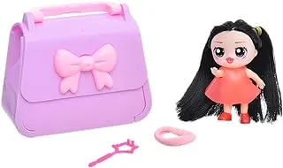 Generic Plastic Small Hand Bag With Shoulder Strap And Pretty Doll With Her Accessories For Kids Set Of 10 Pieces - Purple Pink