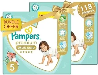 Pampers Premium Extra Care Diapers, Size 5, 11-25 kg, with lotion with aloe vera 118 Baby Diapers Bundle of 2