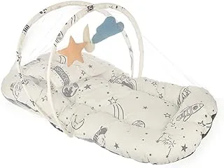 Mix&Max Cotton Portable Baby Bed With Pillow, Mosquito Net&Toys Printed Shapes For Unisex-Multicolor