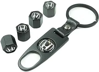 Universal Steel 4pcs Car Tire Valve Stem Air Caps Cover and (1 Pieces) Keychain for Honda, Black