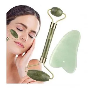 2 Pieces Rotating Facial Roller Massager Set, Gua Sha Slab Natural Stone Wrinkle Treatment