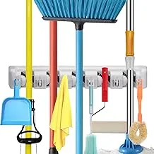 Champs Plastic Mop Broom Holder, Wall Mounted Commercial Organizer Storage Rack for Garden Tools, Kitchen, Garage and Laundry [5 Slots with 6 Hooks] White Grey