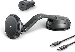 شاحن Anker اللاسلكي المغناطيسي (MagGo)، حامل شحن السيارة 613 مع شاحن سيارة بمنفذين USB، كابل USB-C إلى USB-A بطول 5 أقدام، مناسب فقط لهاتف iPhone 4/14 Pro/14 Pro Max/13/13 Pro Max+ 18 أشهر الضمان المحلي