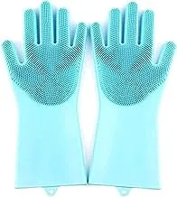 1 Pair Magic Silicone Gloves with Wash Scrubber, Reusable Brush Heat Resistant Gloves Kitchen Tool for Cleaning, Dish Washing, Washing The Car, Pet Hair Care (Blue)