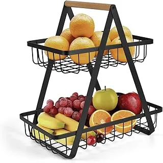 2-Tier Countertop Fruit Basket Fruit Bowl Bread Basket Holder for Kitchen Storage (Black)