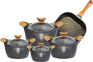 Neoklein Titanium Granite Cookware Set of 9 Pieces (4 Pots with Lids 18/20/24/30 and Grill 30) - Black