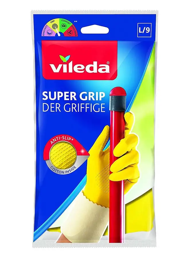 Vileda Vileda Super Grip Reusable Gloves L, Flexible, Waterproof Rubber Latex, Tear-Proof, Excellent Grip, Large Size, Yellow (1 Pair Per Pack)