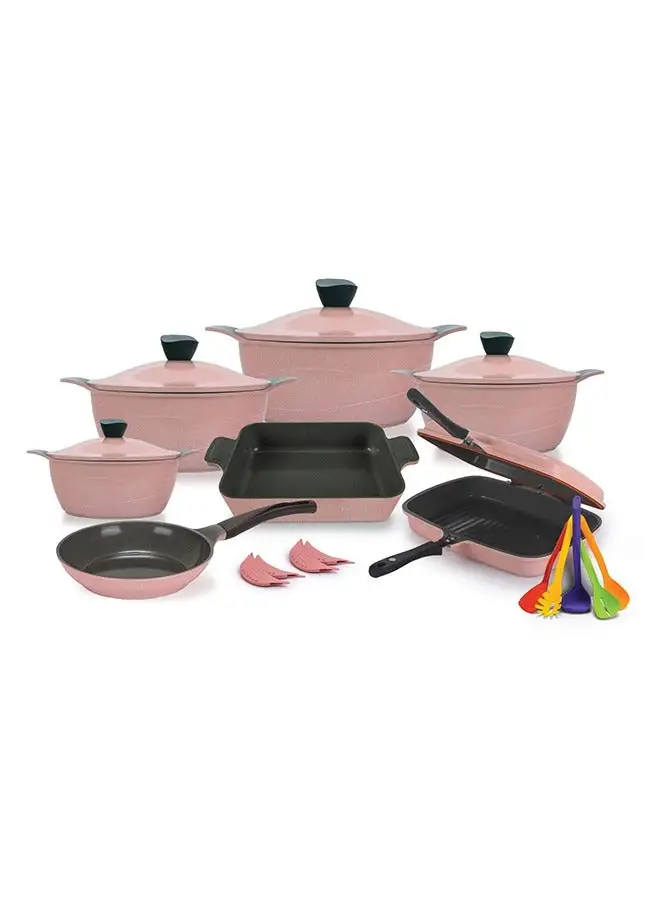 Master Master Granite Cookware Set 21 Piece Wave (Pot 18,20,24,32 cm- Frying Pan 24 - Casserole 31 - Double Grill 36 - 4 Pcs Silicone Mask - Serving Set 5 Pcs) Pink