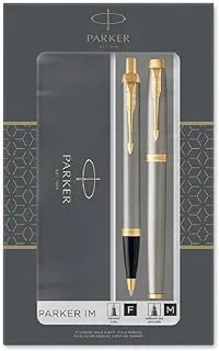 Parker IM Duo Gift Set with Ballpoint Pen & Rollerball Pen, Brushed Metal with Gold Trim, Black Ink Refill & Cartridge, Gift Box