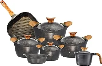 Neoklein Titanium Granite Cookware Set of 12 Pieces (4 Pots with Lids 18/20/24/30, Grill 30, Casserole and Milk Pot with Lid 18) - Black