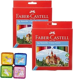 Coloring Sharing Bundle (4 Unicorn Sharpeners with two Holes + set of two packs of 24 Faber Castell wooden Colors)