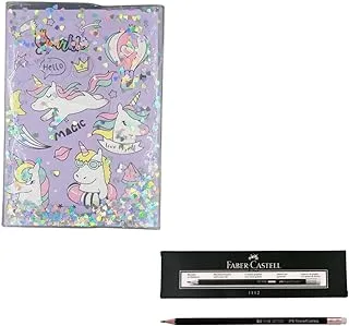 HardCover Unicorn A5 Notebook with Glitter & Liquid, Purple & 12-Pieces Faber Castell Pencils 2112 with Eraser