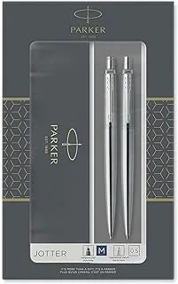 PARKER 2093256 Jotter Duo Gift Set with Ballpoint Pen & Mechanical Pencil (0.5mm), Stainless Steel Chrome Trim, Blue Ink Refill\