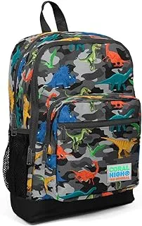 Coral High Kids Four Compartment School Backpack - Dark Gray Black Camouflage Dinosaur Pattern