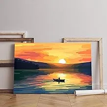 Home Gallery painting man boat lake with sun setting Printed canvas wall art 60x40 cm