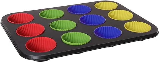 12 Holes Baking Mold with 12 Silicone Cupcakes for Muffins and Cupcakes - Multicolor