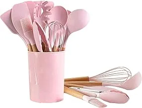 Silicone Cooking Utensils Kitchen Utensil Set - 446°F Heat Resistant,Turner Tongs,Spatula,Spoon,Brush,Whisk. Wooden Handles Gray Kitchen Gadgets Tools Set for Nonstick Cookware (BPA Free) (Pink-12pcs)