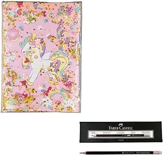 HardCover Unicorn A5 Notebook with Glitter, Pink & 12-Pieces Faber Castell Pencils 2112 with Eraser