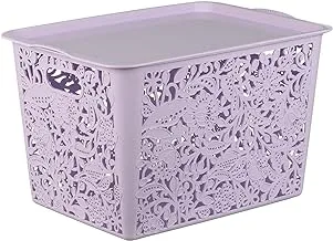 Floral-Design Rectangle Plastic Basket with Grip Handles and Tray - Purple