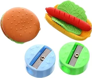 High Qulity 2 Eraser Fast Food Shape With 2 Small Pencil Sharpener Of 4 Pcs For Office,Student - Multi Color