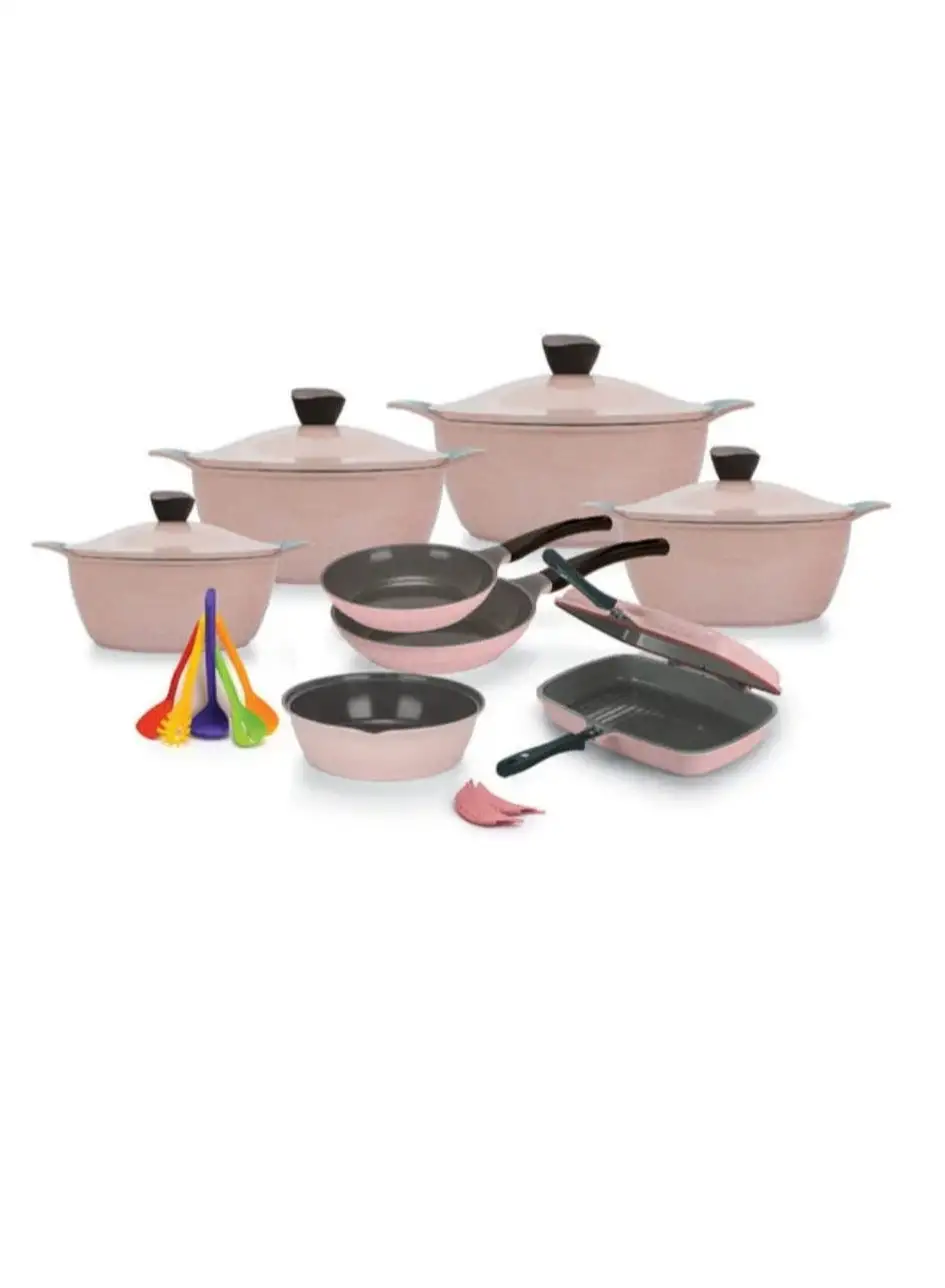 Master Master Granite Cookware Set 20 Pcs Wave (Pot 18-20-24-32 cm- Frying Pan 20,24 - Oven Tray 26 - Double Grill 36 - 2 Pcs Silicone Mask - Serving Set 5 Pcs) Pink