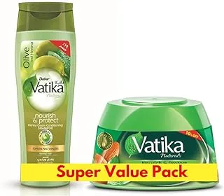 Vatika Naturals Nourish & Protect Shampoo + Vatika Naturals Nourish & Protect Styling Hair Cream Value Pack | Henna, Almond & Aloe Vera Extracts - 360 ml + 140 ml