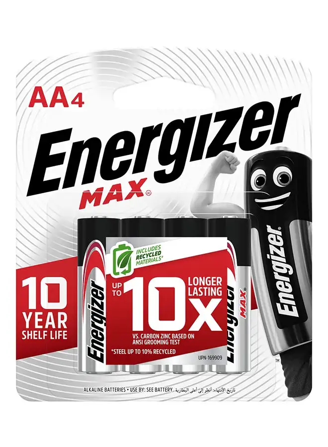 Energizer Energizer Max Alkaline AA Batteries - Pack Of 4 Black/Silver