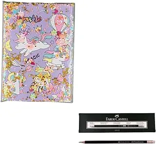 HardCover Unicorn A5 Notebook with Glitter, Purple & 12-Pieces Faber Castell Pencils 2112 with Eraser