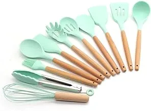 Kitchen Cooking Utensil Set, 12Pcs Non-Stick Silicone Wooden Utensils Spatula Set with Holder, Heat Resistant Cooking Gadgets Tools (Wooden Green, 12)