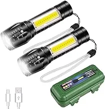 EASYTAO Rechargeable LED Flashlight Pack of 2, Tactical Lamp with XPE+COB Portable Flashlight, Led Lamp with 5 Light Modes