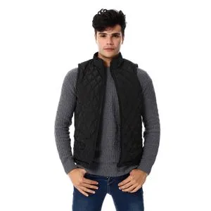 Caesar Hooded Neck Sleeveless Black Quilted Vest