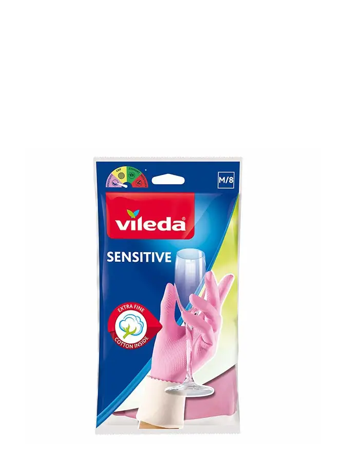 Vileda Sensitive Gloves Reusable M, Natural Latex,  Protective, Touch-Sensitive, Comfortable Fit, Good Fit, Pink, Medium Size(1 Pair Per Pack) Pink S/M