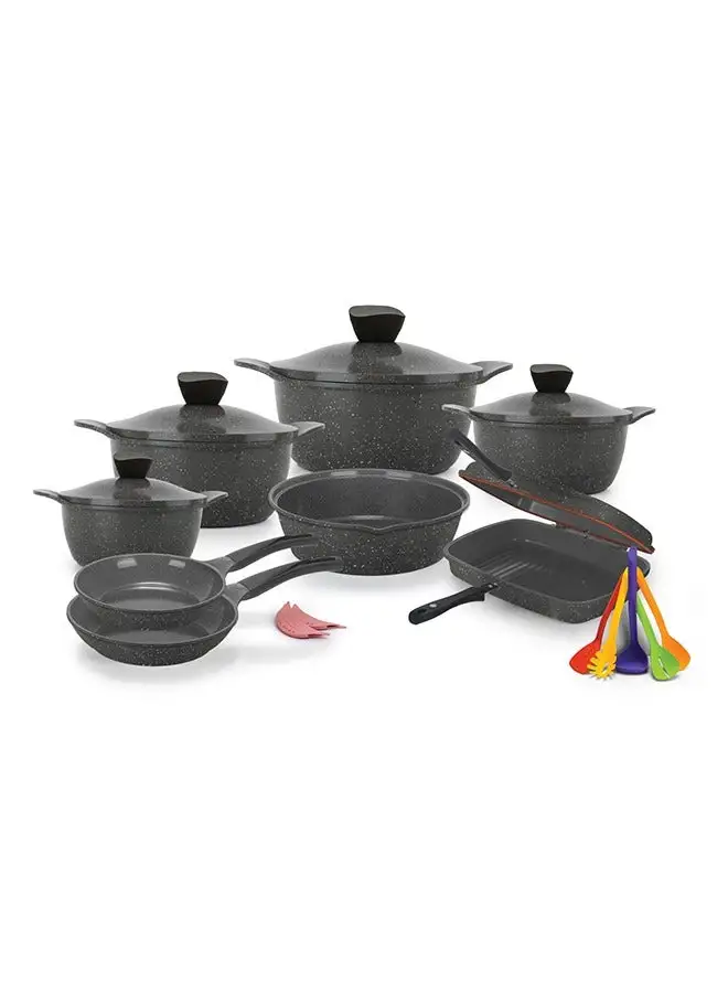 Master Master Granite Cookware Set 20 Pcs Wave (Pot 18,20,24,32 cm/Frying Pan 20,24/Oven Tray 26/Double Grill 36/2 Pcs Silicone Mask/Serving Set 5 Piece) Grey