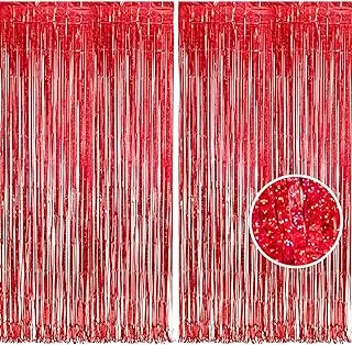 BRAVESHINE 2PCS Red Foil Fringe Curtain Backdrop, 8ft Sparkle Tinsel Metallic Curtains for Birthday Party Wedding Graduation Photo Booth Backdrop Valentines Christmas Halloween Disco Party Decorations