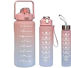 3 Pack Sports Water Bottle With Straw,2L+900ml+500ml Measured Plastic Drinking BPA Free Non-Toxic Sports Drinks Time Markings Motivational Fitness (Pink)