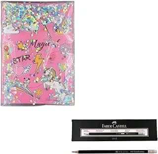 HardCover Unicorn A5 Notebook with Glitter & Liquid, Fushia & 12-Pieces Faber Castell Pencils 2112 with Eraser