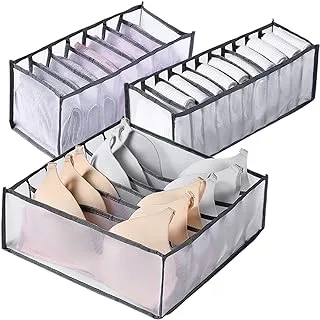 Pack of 3 Underwear Drawer Organiser, Washable Foldable Fabric Storage Box, for Bra Socks Panties (Grey)