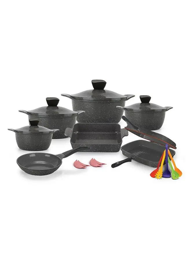 Master Master Granite Cookware Set 21 Piece Wave (Pot 18,20,24,32 cm/Frying Pan 24/Casserole 31/Double Grill 36/4 Pcs Silicone Mask/Serving Set 5 Pcs) Grey