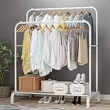 EKRON Multipurpose Double Garment Rack Heavy Duty Metal Cloth Rail with 2 Bottom Shelf Coat Jacket Hanging Hanger Shoe Stand for Home, Hotel, Shop Wardrobe Space Organizer (White / 148 x 110 x 33cm)