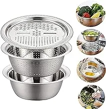 2020 New Multifunctional Stainless Steel Washing Basin with Grater 3 in 1 Vegetable Cutter Wing Strainer Fruit Vegetable Washing Bowl Drain Basket (28cm)