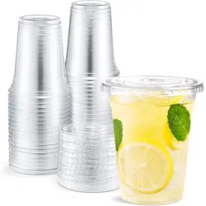 12 Pack Clear Plastic Cups With Flat  Lids Disposable