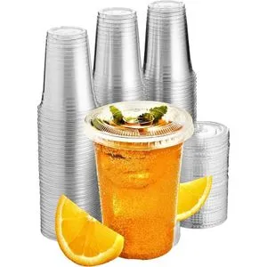 100 Pack Clear Plastic Cups With Flat  Lids Disposable