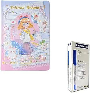 دفتر ملاحظات Tritons Dream A5 ذو غلاف مقوى مع قفل مغناطيسي، BabyBlue و10 قطع Staedtler 430 أقلام زرقاء 1.0 ملم