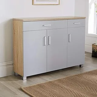 Home Source Venetia Large Wide Cabinet Storage 3 Door 2 Drawer Cupboard Shoe Tidy Unit, Grey Oak